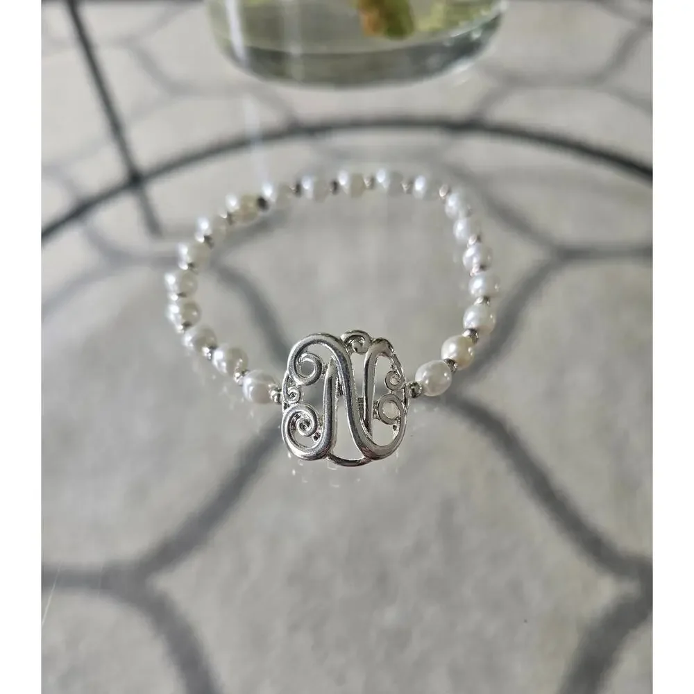 Bansri Pearl Silver Initial N Bracelet New - Picture 1 of 2
